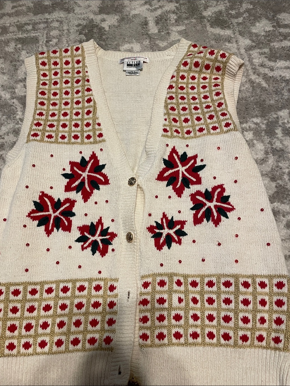 Leslie Fay Cream Knit Vest with Red and Green Floral Motif
